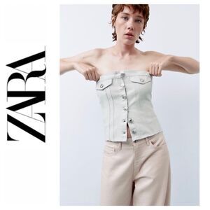 NWT Zara Corset Style Front Button Closure Frayed Hem Fitted Denim Top